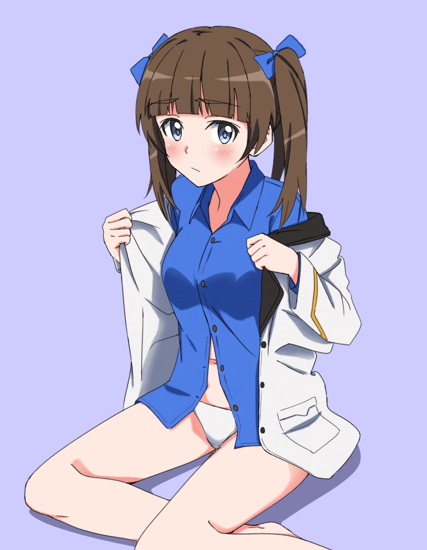 1girl bad_id bad_twitter_id bangs blue_eyes blue_ribbon blue_shirt blunt_bangs blush brave_witches brown_hair closed_mouth commentary crotch_seam dress_shirt eyebrows_visible_through_hair frown georgette_lemare hair_ribbon highres jacket jacket_pull looking_at_viewer medium_hair military military_uniform navel no_pants open_clothes open_jacket panties partially_unbuttoned purple_background ribbon shirt sitting solo tomitsuka twintails underwear uniform white_jacket white_panties wing_collar world_witches_series yokozuwari