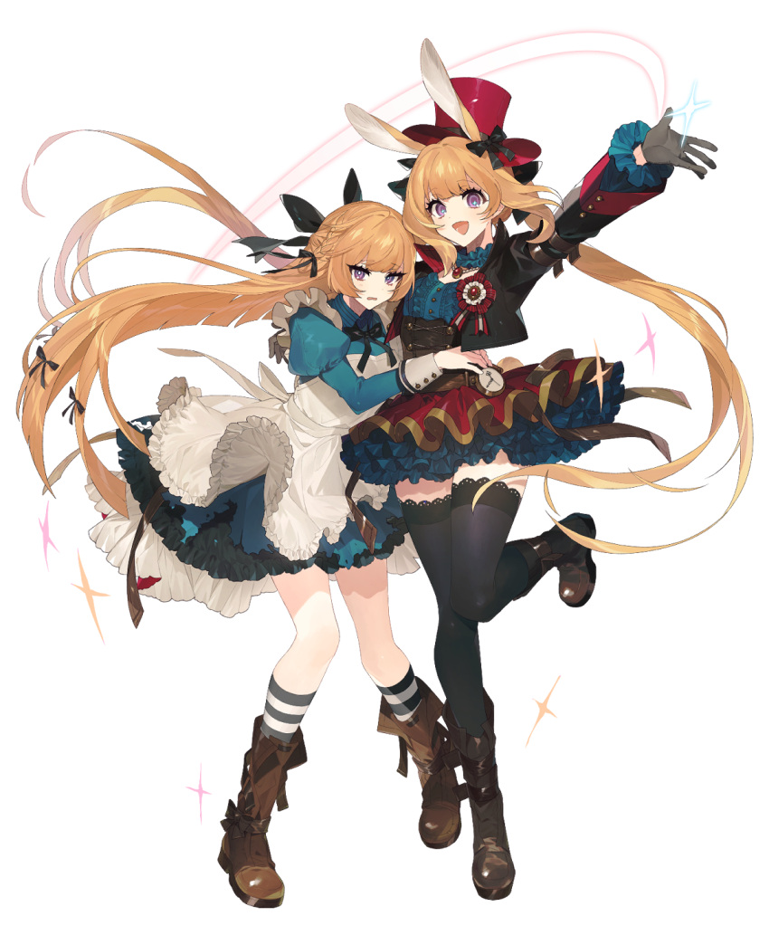 2girls animal_ears apron arm_up ash_arms bangs black_legwear black_ribbon blue_dress boots brown_footwear bunny_ears character_request dress frilled_apron frills gloves grey_gloves hair_ribbon hat highres juliet_sleeves knee_boots long_sleeves lunch_(lunchicken) multiple_girls open_mouth puffy_sleeves purple_eyes red_headwear ribbon simple_background smile socks striped striped_legwear thighhighs top_hat white_background
