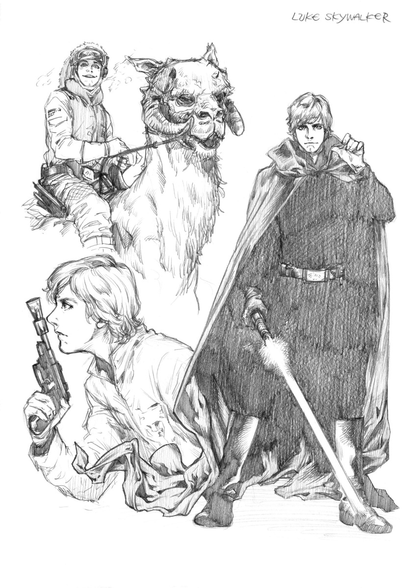 1boy belt boots character_name cloak energy_gun energy_sword graphite_(medium) gun haruichi_(haruichithm) highres holding holding_gun holding_sword holding_weapon horns jedi lightsaber luke_skywalker male_focus multiple_views open_mouth riding smile star_wars star_wars:_return_of_the_jedi star_wars:_the_empire_strikes_back sword tauntaun traditional_media weapon white_background