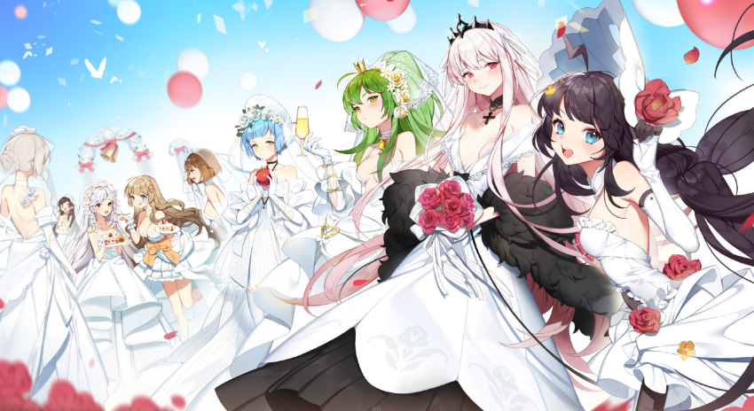 6+girls :p ahoge alcohol apple backless_dress backless_outfit bahao_diqiu balloon bangs bare_legs bare_shoulders bell bird black_hair blue_eyes blue_hair blue_sky blunt_bangs blurry blurry_background blurry_foreground blush bouquet breasts bridal_veil bride brown_hair cake champagne champagne_flute cleavage cross cross_necklace cup dove dress drinking_glass eating elbow_gloves flower fnc_(girls_frontline) food fork frilled_dress frills fruit girls_frontline gloves green_hair grizzly_mkv_(girls_frontline) hair_ornament halter_dress halterneck head_wreath highres holding holding_bouquet holding_cup holding_food holding_fork holding_plate jewelry kar98k_(girls_frontline) large_breasts looking_at_another looking_at_viewer low_twintails m1014_(girls_frontline) m950a_(girls_frontline) makarov_(girls_frontline) medium_breasts mod3_(girls_frontline) multiple_girls neck_ribbon necklace off-shoulder_dress off_shoulder official_alternate_costume official_art petals plate purple_eyes red_eyes ribbon rmb-93_(girls_frontline) rose rose_petals short_hair sideboob sidelocks silver_hair sky smile stechkin_(girls_frontline) strapless strapless_dress teeth tiara tongue tongue_out twintails underboob veil wedding_dress white_dress white_gloves white_hair white_headwear white_ribbon yellow_eyes zas_m21_(girls_frontline)