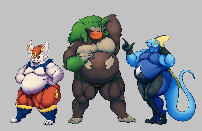3_toes 5_fingers 5_toes absurd_res anthro belly big_belly big_muscles blue_belly blue_body blue_tail bluejeff24 blush brown_belly brown_body brown_fur cinderace feet fingers fur green_hair group hair half-closed_eyes hand_behind_head hi_res inteleon jeffieb19 long_hair love_handles male musclegut muscular muscular_anthro muscular_male muscular_thighs narrowed_eyes nintendo one_eye_closed overweight overweight_anthro overweight_male pecs pok&eacute;mon pok&eacute;mon_(species) pose red_hair rillaboom standing thick_thighs toes tongue tongue_out video_games white_belly white_body white_fur wink
