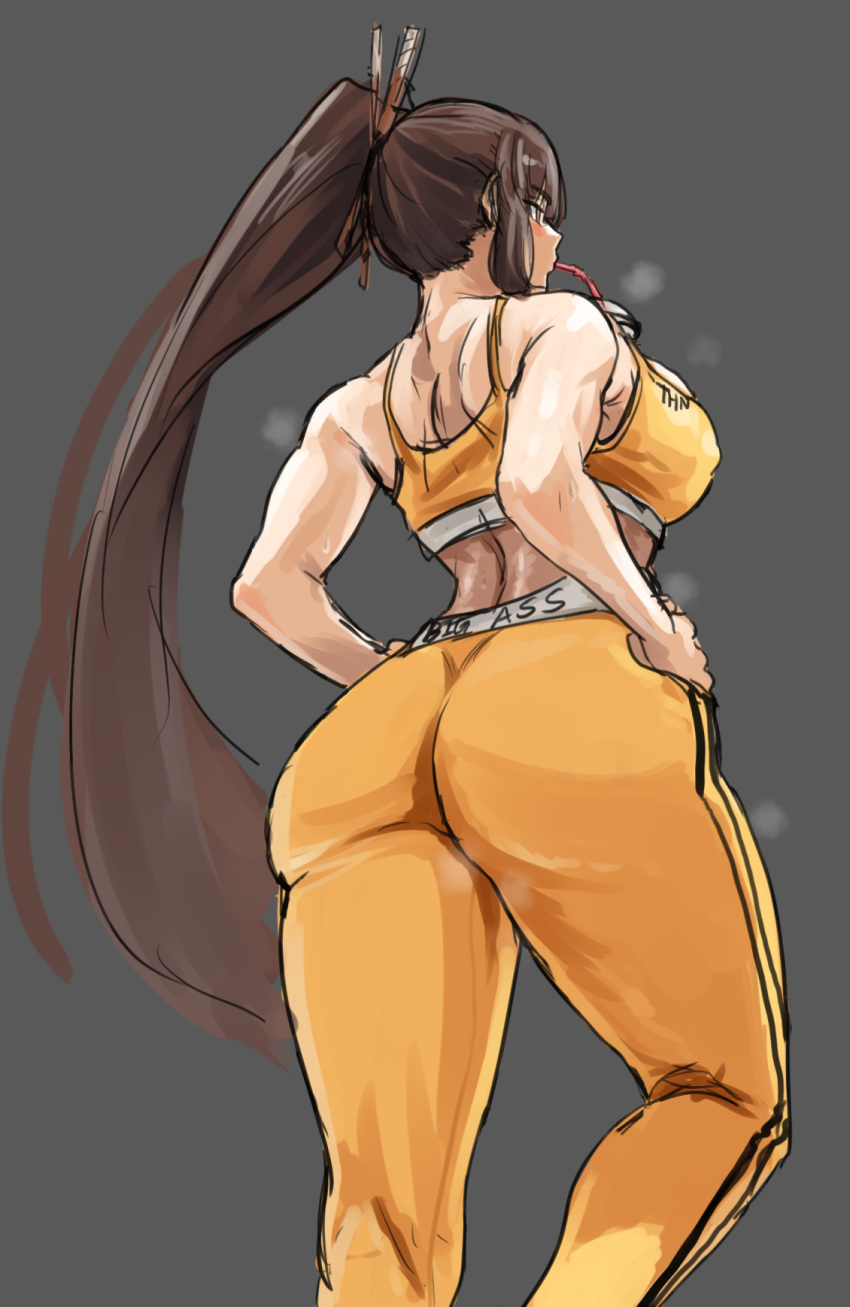 1girl ass bra breasts brown_eyes brown_hair bubble_tea bubble_tea_challenge drink drinking drinking_straw drinking_straw_in_mouth dryseaweed english_text flat_ass from_behind grey_background highres large_breasts last_origin long_hair looking_away midriff object_on_breast pants ponytail simple_background solo sports_bra sportswear tiequan_(last_origin) underwear very_long_hair yoga_pants