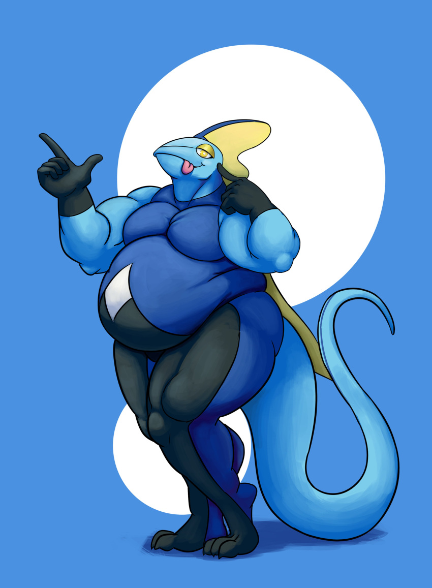 3_toes 5_fingers absurd_res anthro belly big_belly big_muscles blue_background blue_belly blue_body blue_tail bluejeff24 feet fingers half-closed_eyes hi_res inteleon jeffieb19 love_handles male musclegut muscular muscular_anthro muscular_male narrowed_eyes nintendo overweight overweight_anthro overweight_male pecs pink_tongue pok&eacute;mon pok&eacute;mon_(species) pose simple_background solo thick_thighs toes tongue tongue_out video_games yellow_eyes