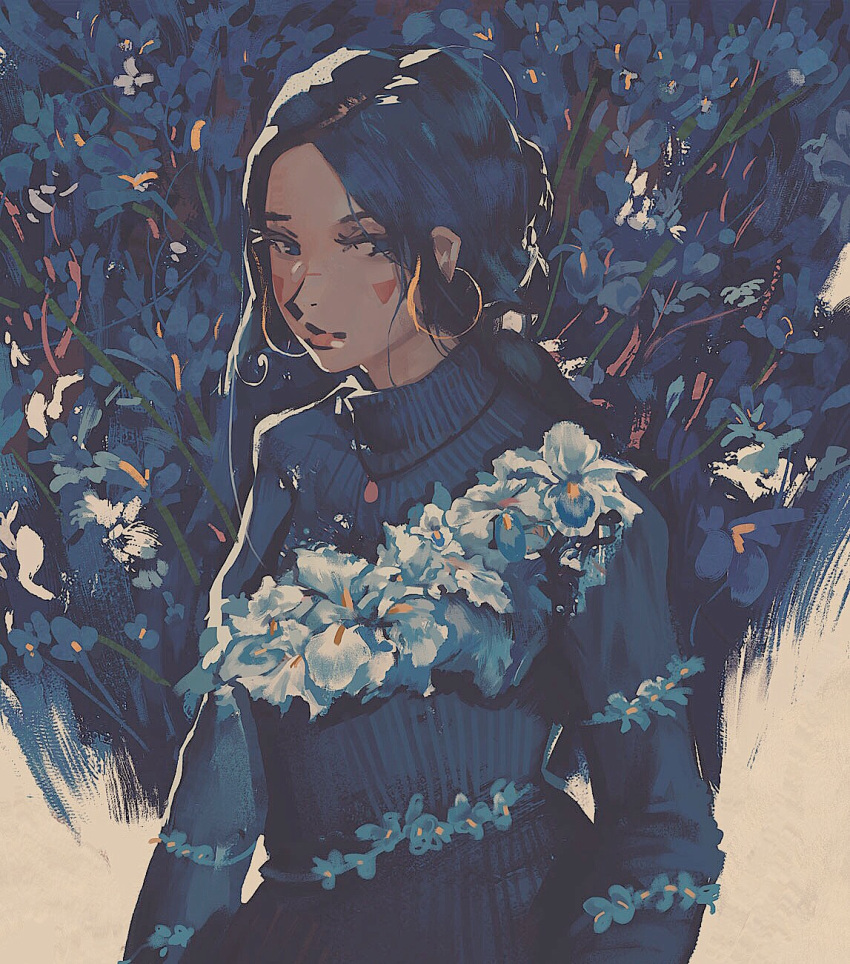 1girl black_hair blue_sweater earrings flower highres hoop_earrings jewelry klegsart leaf long_hair long_sleeves looking_at_viewer original plant ribbed_sweater shadow solo sweater upper_body white_flower