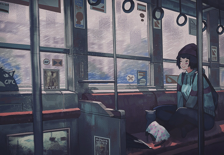 1girl black_hair blush cat drawstring hat klegsart original short_hair sitting smile solo train_interior window