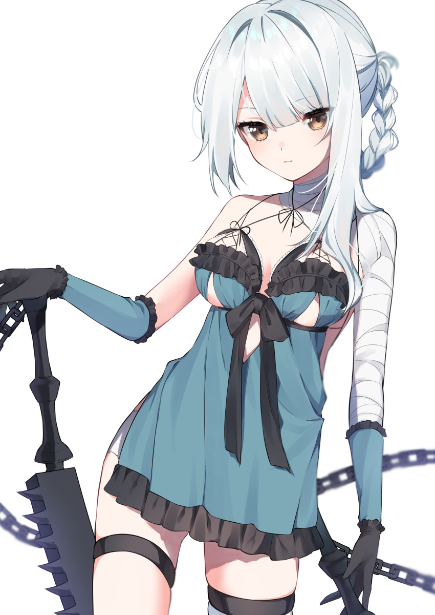 1girl absurdres asymmetrical_hair babydoll bandaged_arm bandaged_leg bandages bangs braid chain cleaver closed_mouth eyebrows_visible_through_hair eyes_visible_through_hair gloves highres hinakano_h kaine_(nier) lingerie long_hair looking_at_viewer negligee nier nier_(series) ribbon simple_background single_braid solo standing sword underwear weapon white_background white_hair yellow_eyes