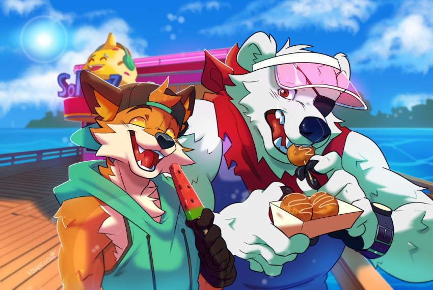 anthro canid canine clothed clothing duo eating epic_games eye_patch eyewear fennix_(fortnite) food fortnite fox hat headgear headwear hoodie komoroshi_(artist) male mammal muscular muscular_male polar_bear sea smiling_at_viewer topwear ursid ursine video_games water