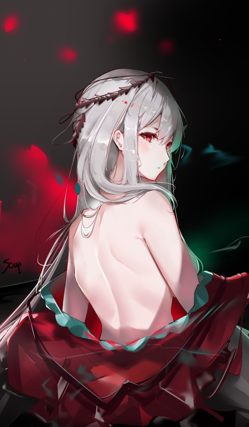 1girl absurdres arknights artist_name bangs bare_back bare_shoulders black_background commentary_request dress from_behind highres long_hair looking_at_viewer looking_back no_hat no_headwear off_shoulder profile red_dress red_eyes scup signature silver_hair skadi_(arknights) skadi_(the_corrupting_heart)_(arknights) solo upper_body