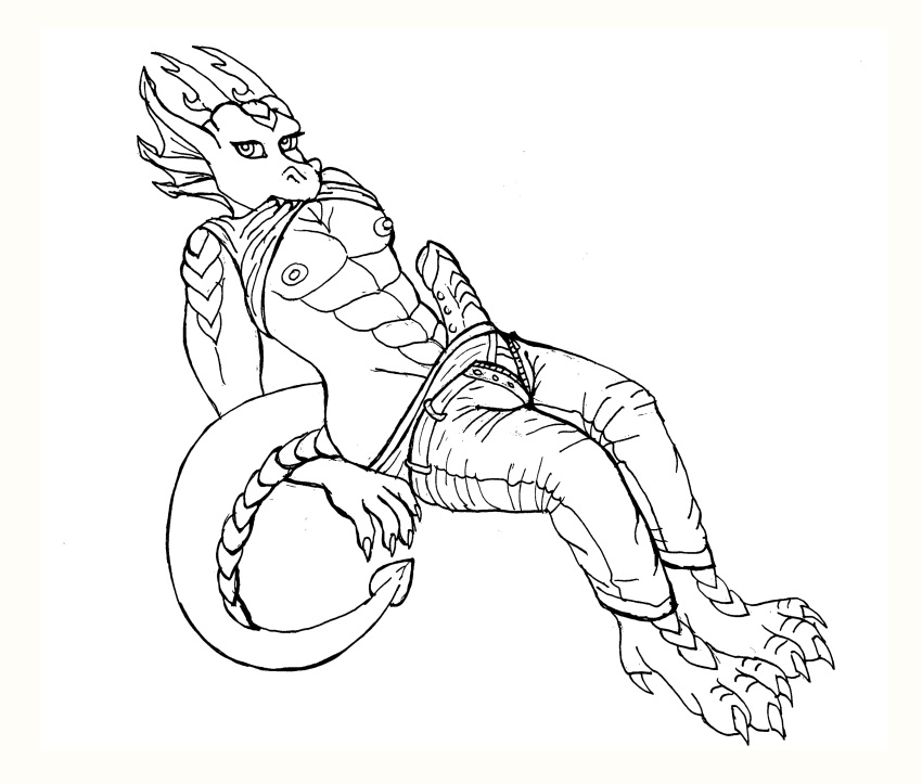 absurd_res black_and_white bottomwear clothing denim denim_clothing dragon erection genitals hi_res horn invalid_tag jeans male monochrome nude pants partly_clothed pen pencil_(disambiguation) penis solo traditional_media_(artwork) underwear