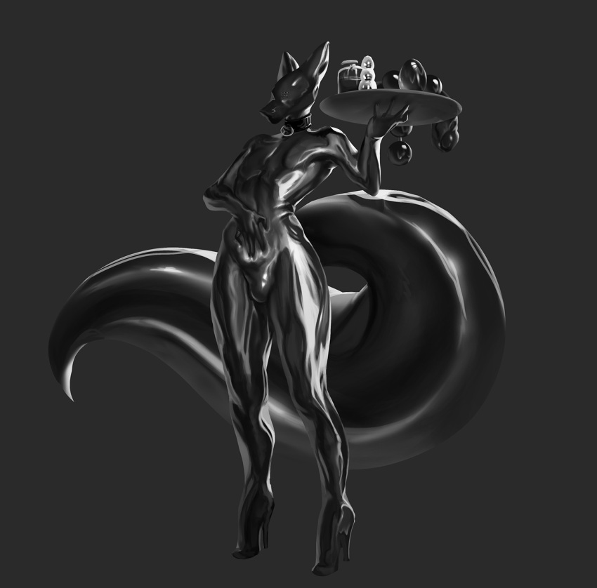 ambiguous_gender anthro bodysuit bulge buttplug canid canine clothing collar fox genital_outline hi_res high_heels latex_clothing latex_skin mammal penis_outline piratefoxbox rubber rubber_suit sex_toy skinsuit slave solo tight_clothing