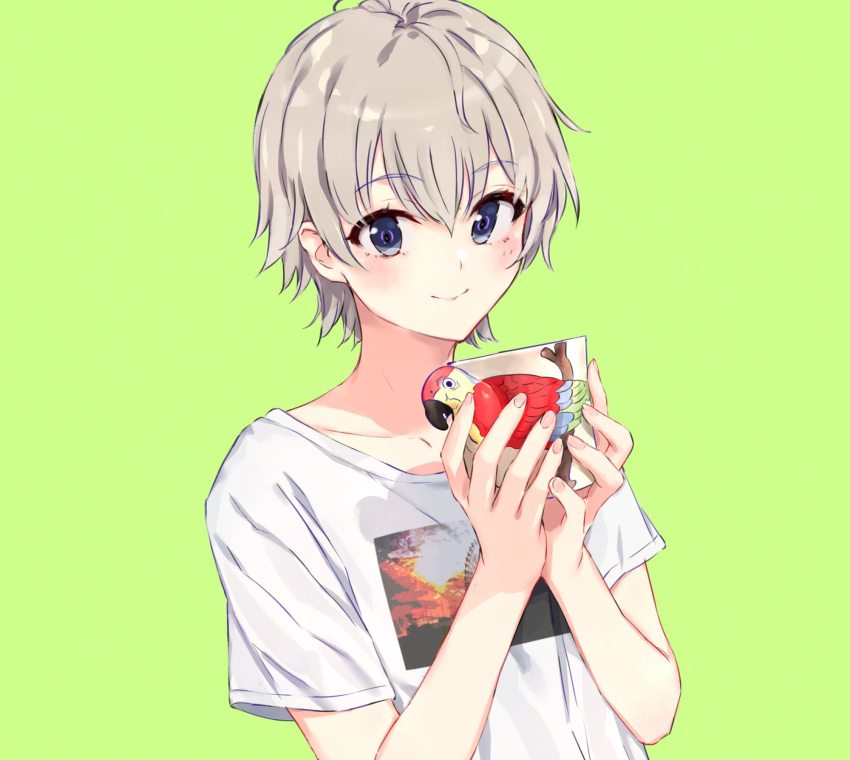 1boy androgynous bangs blush closed_mouth collarbone collarless_shirt commentary_request cup eyebrows_visible_through_hair fingernails green_background grey_eyes grey_hair hair_between_eyes highres holding holding_cup looking_at_viewer male_focus ponkan_8 shirt short_hair short_sleeves simple_background smile solo t-shirt totsuka_saika upper_body white_shirt yahari_ore_no_seishun_lovecome_wa_machigatteiru.