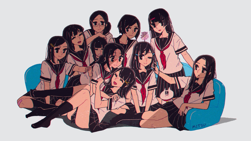 6+girls :&gt; :x ;&gt; ;) ^_^ arm_support awakumo bandaid bandaid_on_knee bangs black_eyes black_hair black_legwear black_sailor_collar black_skirt blunt_bangs blush bob_cut cat chromatic_aberration closed_eyes closed_mouth commentary_request couch disconnected_mouth facing_viewer feet_up floor_couch flower glasses hair_ornament hairclip hand_on_another's_head highres hime_cut holding_another's_hair hug indian_style kneehighs kneeling legs_up long_hair looking_at_another looking_at_viewer medium_hair mouth_drool multiple_girls neckerchief no_shoes nose_blush on_couch one_eye_closed open_mouth original parted_bangs parted_lips pink_bandaid pink_flower pleated_skirt ponytail reaching reclining red_neckwear sailor_collar school_uniform serafuku short_hair short_sleeves sideways_glance simple_background sitting skirt sleeping smile swept_bangs v_arms wavy_mouth white_background white_cat wristband x_hair_ornament |d