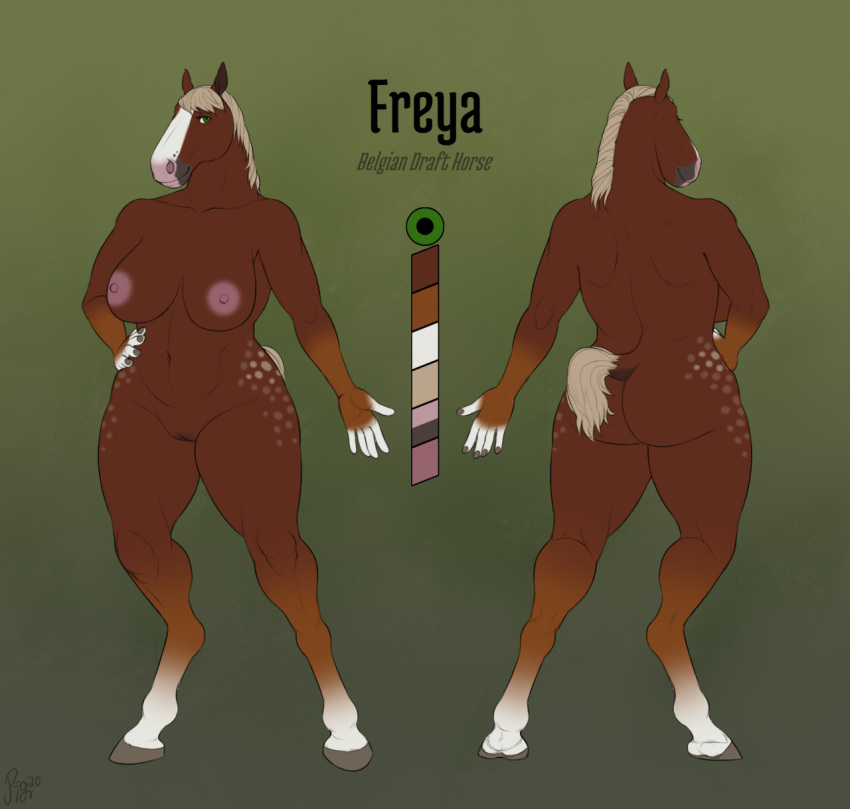 anthro big_breasts breasts brown_body brown_fur butt draft_horse equid equine female freya_(stormwolf) fur genitals hand_on_hip hi_res hooves horse mammal mane model_sheet nude pig_(artist) pussy solo standing wide_hips