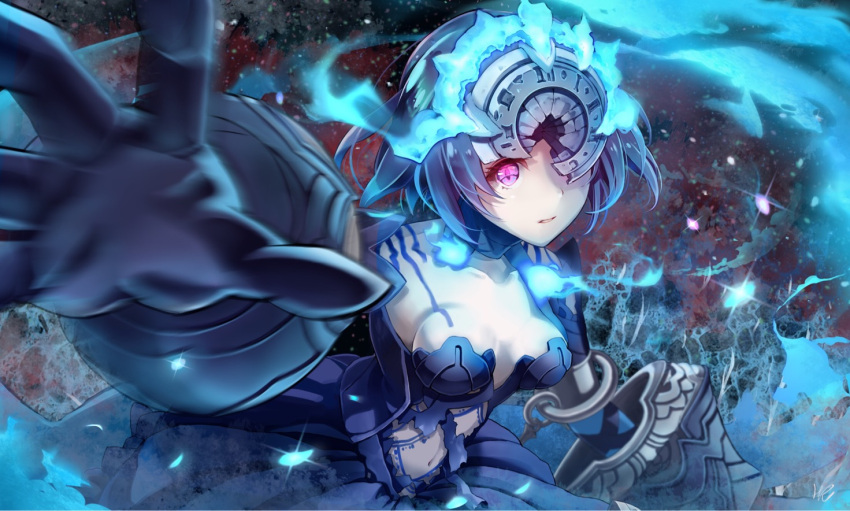 1girl alice_(sinoalice) blue_hair breasts cleavage clothing_cutout covered_eyes dress duplicate gloves glowing glowing_eyes half-nightmare headdress hoshizaki_reita looking_at_viewer navel_cutout open_mouth parted_lips pink_eyes reaching_out short_hair sinoalice solo tattoo
