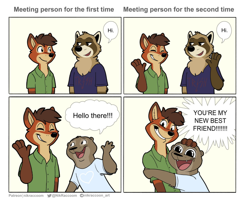 2021 anthro canid canine clothed clothing comic comparing dialogue english_text felix_(nik159) fox gesture hair hi_res hug humor lutrine male mammal multiple_scenes mustelid nik159 nik_(nik159) open_mouth open_smile procyonid raccoon shirt smile standing t-shirt text topwear trio url waving yelling