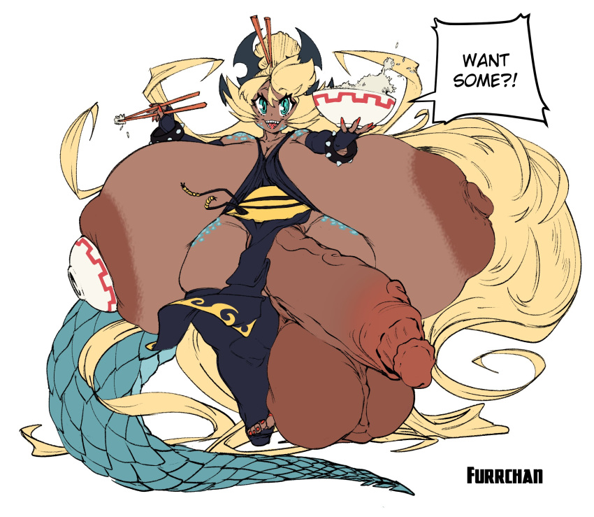 alternate_version_at_source animal_humanoid areola armband armwear balls big_balls big_breasts big_penis blonde_hair blue_eyes bottomwear bowl breasts chopsticks chopsticks_in_hair clothed clothing curvy_figure dark_body dark_skin digital_media_(artwork) dragon dragon_humanoid elbow_gloves english_text feet fingers food furrchan genitals gloves gynomorph hair handwear hi_res huge_balls huge_breasts huge_penis humanoid humanoid_genitalia humanoid_penis hyper hyper_genitalia hyper_penis intersex legwear loincloth long_hair looking_at_viewer nipples not_furry offering_food open_mouth penis rice scalie short_stack simple_background smile solo spiked_armband spikes standing text thick_thighs thigh_highs voluptuous wide_hips