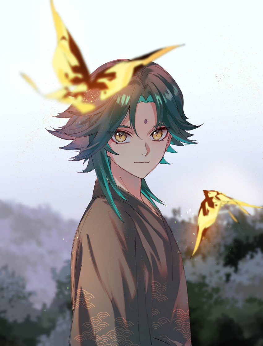 1boy alternate_costume aqua_hair black_hair bug butterfly chinese_clothes closed_mouth facial_mark forehead_mark genshin_impact highres insect long_sleeves male_focus multicolored_hair orange_butterfly outdoors sky solo tree upper_body xiao_(genshin_impact) xiao_417 yellow_eyes