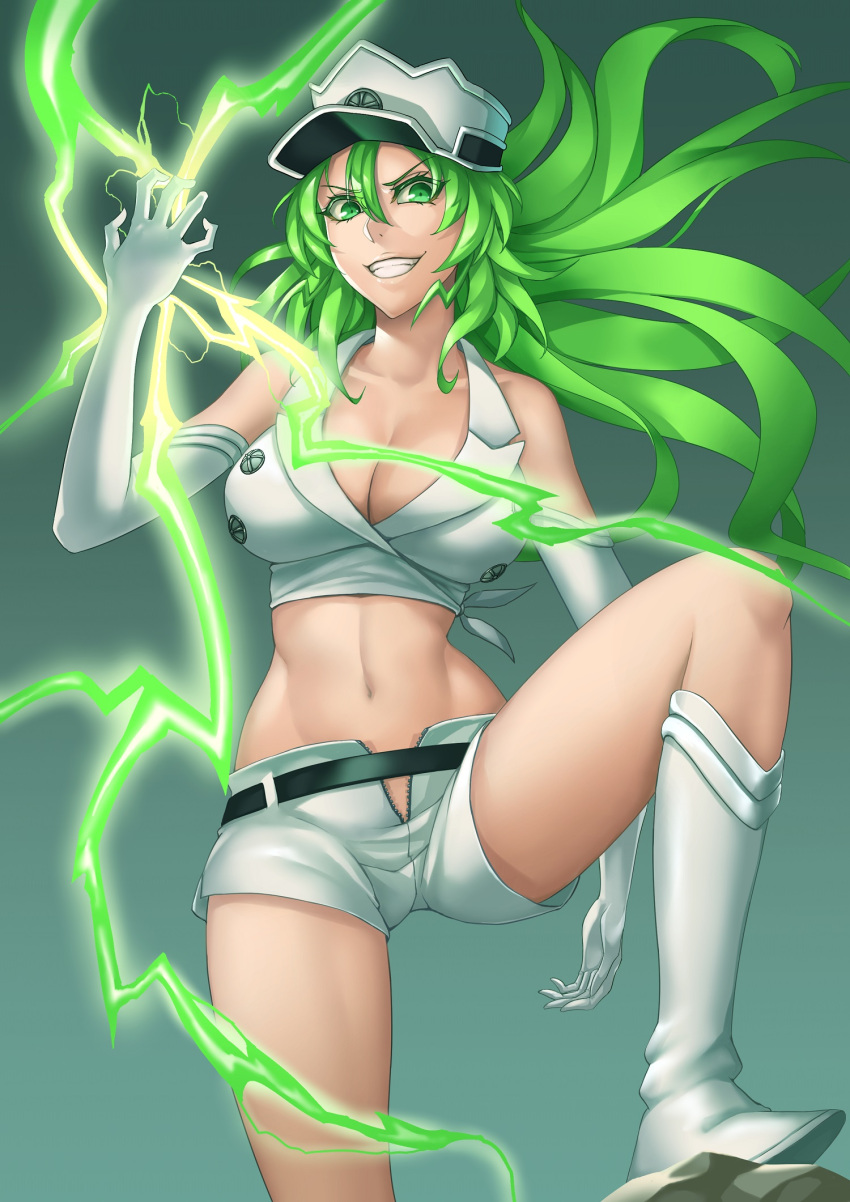 1girl bare_shoulders belt black_belt bleach boots breasts candice_catnipp cleavage collarbone electricity gloves green_eyes green_hair grin hair_between_eyes hat highres large_breasts long_hair midriff navel peaked_cap sakuya_(liao_kj) shirt short_shorts shorts sleeveless sleeveless_shirt smile solo unzipped white_footwear white_gloves white_headwear white_shirt white_shorts