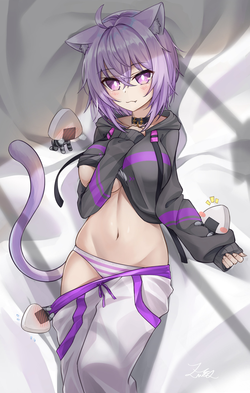 1girl ahoge animal_ear_fluff animal_ears black_choker black_jacket breasts cat_ears cat_tail choker eyebrows_visible_through_hair groin highres hololive jacket large_breasts long_sleeves looking_at_viewer navel nekomata_okayu panties purple_eyes purple_hair short_hair signature solo stomach striped striped_panties tail underboob underwear virtual_youtuber z.m._(school913102)