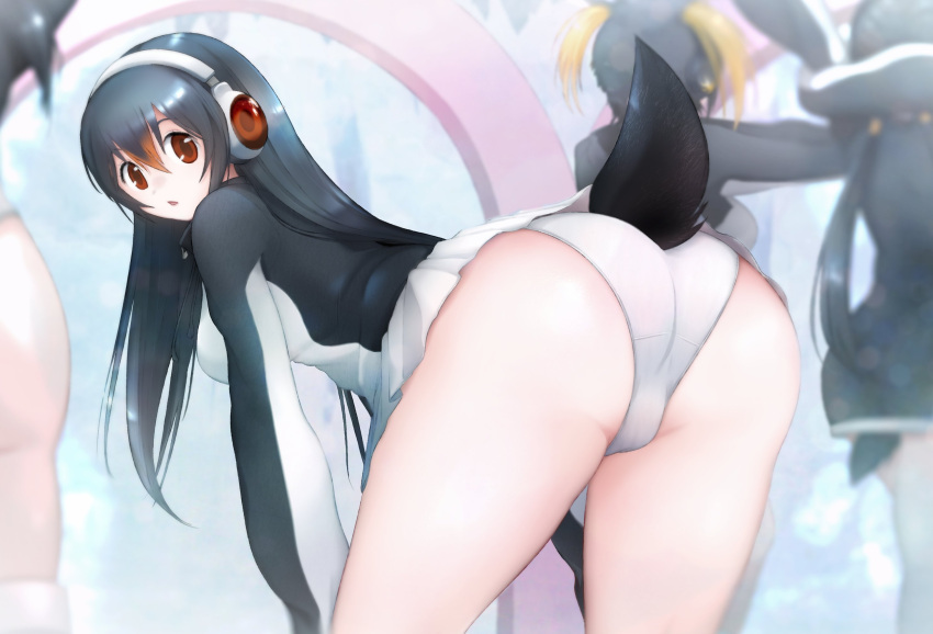 4girls ass bent_over bird_tail black_hair brown_eyes from_behind gentoo_penguin_(kemono_friends) hair_between_eyes hands_on_own_knees headphones highres jacket kemono_friends long_hair long_sleeves looking_at_viewer looking_back microskirt multicolored_hair multiple_girls nelly_(altsarespicy) outstretched_arms panties parted_lips penguin_tail penguins_performance_project_(kemono_friends) red_hair rockhopper_penguin_(kemono_friends) skirt solo_focus tail tail_through_clothes two-tone_hair underwear white_panties white_skirt