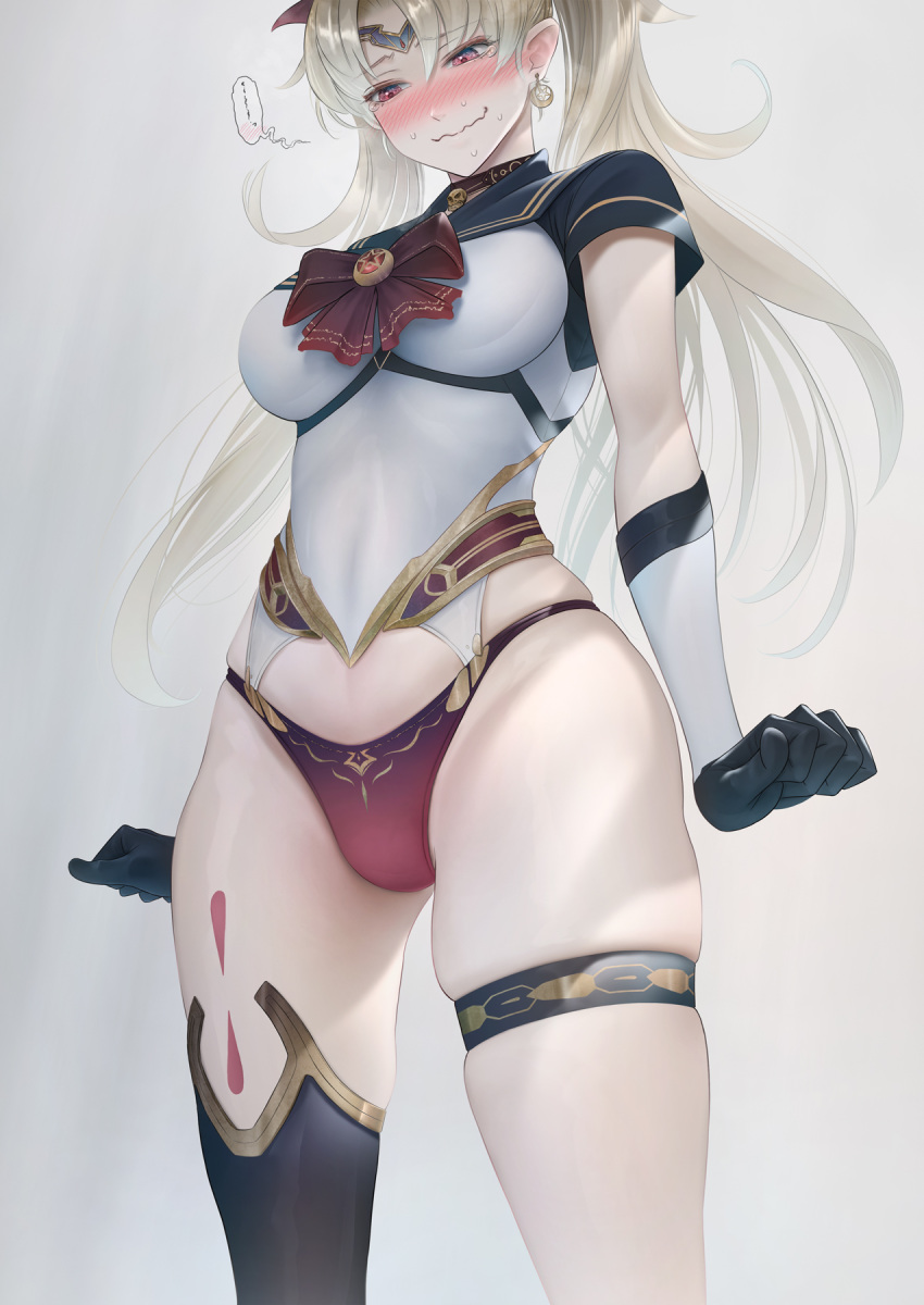 1girl bangs bare_shoulders bishoujo_senshi_sailor_moon blonde_hair blue_sailor_collar blush breasts choker circlet cosplay elbow_gloves ereshkigal_(fate) fate/grand_order fate_(series) gloves highres imizu_(nitro_unknown) large_breasts long_hair looking_at_viewer magical_girl parted_bangs red_choker red_eyes sailor_collar sailor_moon sailor_moon_(cosplay) sailor_senshi_uniform sky smile thighs two_side_up