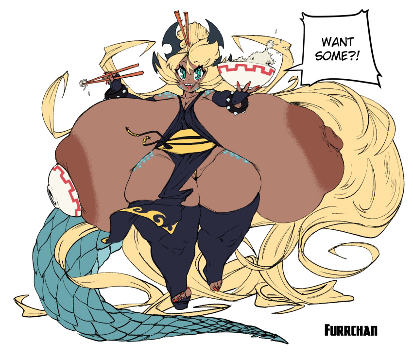 animal_humanoid areola armwear big_breasts blonde_hair blue_eyes bottomwear bowl breasts camel_toe chopsticks chopsticks_in_hair clothed clothing curvy_figure dark_body dark_skin digital_media_(artwork) dragon dragon_humanoid elbow_gloves english_text feet female fingers food furrchan genitals gloves hair handwear hi_res huge_breasts humanoid legwear loincloth long_hair looking_at_viewer nipples not_furry offering_food open_mouth panties pussy rice scalie short_stack simple_background smile solo spike_(disambiguation) standing stockings text thick_thighs underwear voluptuous wide_hips