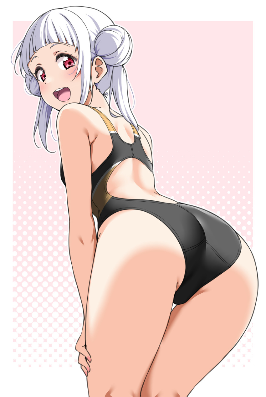 1girl arashi_chisato ass ass_focus back_cutout bare_arms bent_over blunt_bangs blush breasts clothing_cutout competition_swimsuit dotted_background double_bun fingernails from_behind hair_bun hands_on_own_thighs happy highres long_hair looking_at_viewer looking_back love_live! love_live!_superstar!! one-piece_swimsuit open_mouth racerback red_eyes small_breasts smile solo swimsuit teeth thighs two-tone_swimsuit upper_teeth_only white_hair yopparai_oni