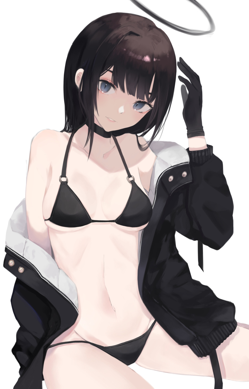 1girl absurdres bangs bare_shoulders bikini bikini_under_clothes black_bikini black_choker black_gloves black_hair black_jacket breasts choker collarbone commentary_request gloves grey_eyes groin halo head_tilt highres jacket long_hair looking_at_viewer medium_breasts navel o-ring o-ring_bikini o-ring_top off_shoulder ogami_ren open_clothes open_jacket original parted_lips simple_background sitting solo swimsuit white_background