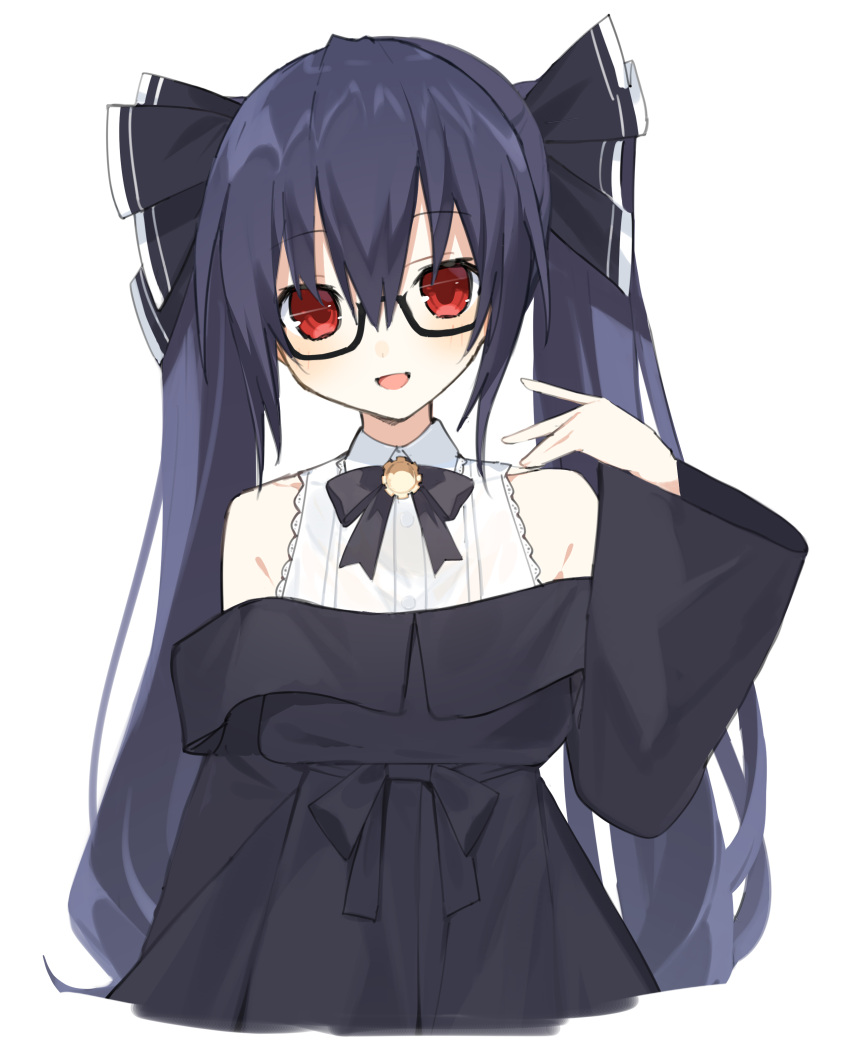 1girl absurdres alternate_costume black_hair breasts buran_buta glasses hair_between_eyes hair_ornament hair_ribbon highres long_hair looking_at_viewer neptune_(series) noire red_eyes ribbon simple_background smile solo twintails upper_body white_background