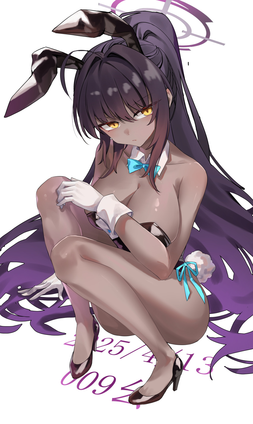 1girl absurdres animal_ears black_hair black_leotard black_shoes blue_archive breasts cleavage collar dark-skinned_female dark_skin detached_collar fake_animal_ears fake_tail gloves halo high_heels highres karin_(blue_archive) karin_(bunny)_(blue_archive) large_breasts leotard long_hair looking_at_viewer playboy_bunny purple_hair rabbit_ears rabbit_tail shoes sidelocks solo strapless strapless_leotard tail very_long_hair white_collar white_gloves white_wrist_cuffs wrist_cuffs yaoyaozi_bu_shi_renjian_yanhuo yellow_eyes