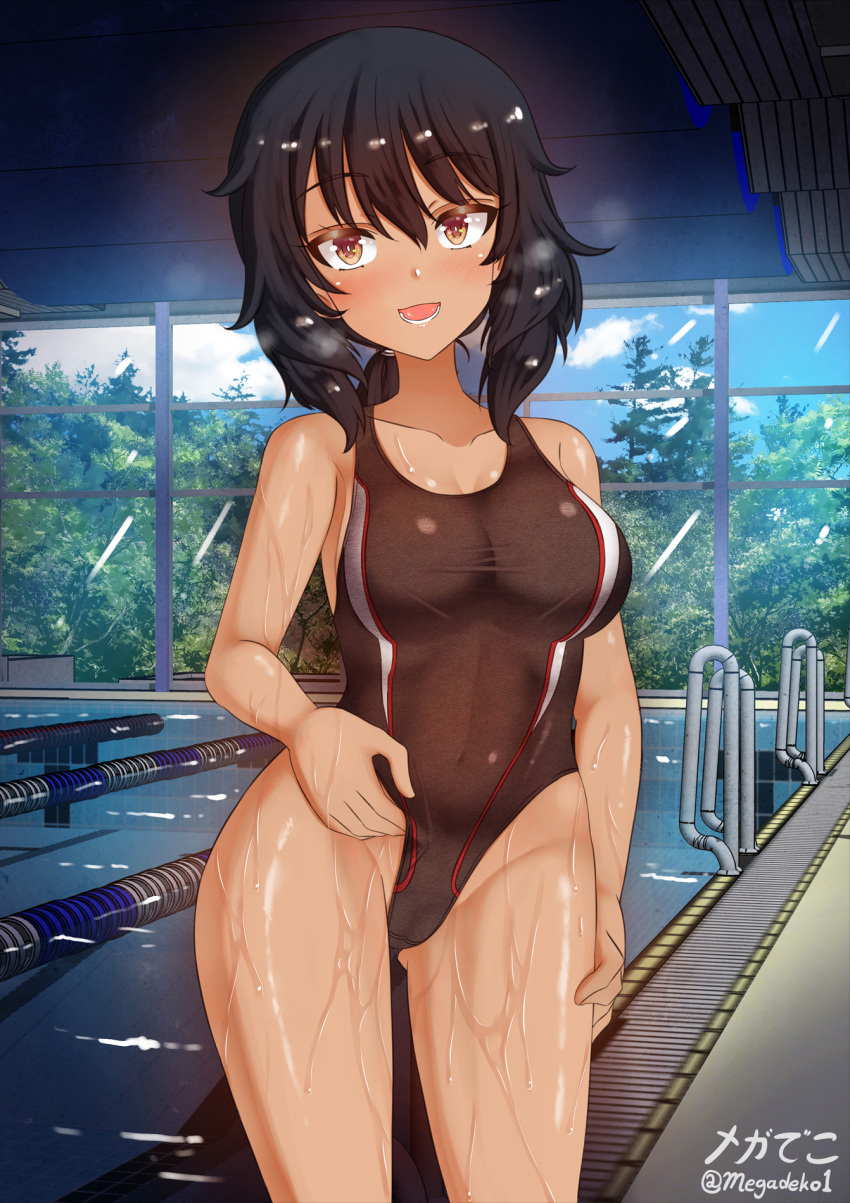 1girl andou_(girls_und_panzer) aquaegg black_hair black_swimsuit blush breasts brown_eyes cameltoe collarbone covered_navel eyebrows_visible_through_hair girls_und_panzer groin highres indoors large_breasts looking_at_viewer open_mouth pool shiny shiny_hair shiny_skin short_hair solo standing swimsuit swimwear tree window