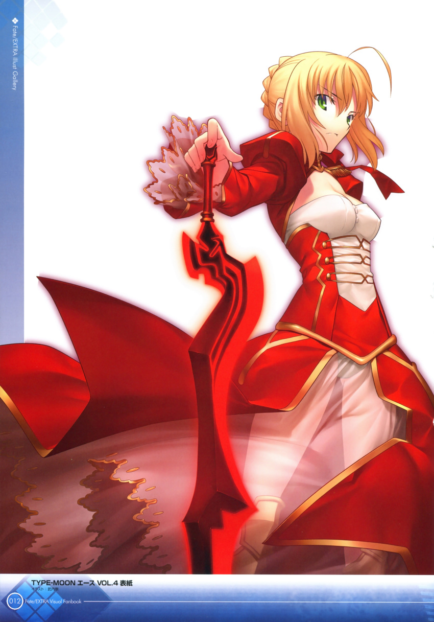 1girl absurdres aestus_estus ahoge blonde_hair braid closed_mouth cowboy_shot epaulettes fate/extra fate_(series) green_eyes highres juliet_sleeves long_sleeves looking_at_viewer nero_claudius_(fate) nero_claudius_(fate)_(all) official_art planted_sword planted_weapon puffy_sleeves scan see-through_skirt short_hair skirt solo standing sword takeuchi_takashi weapon white_background