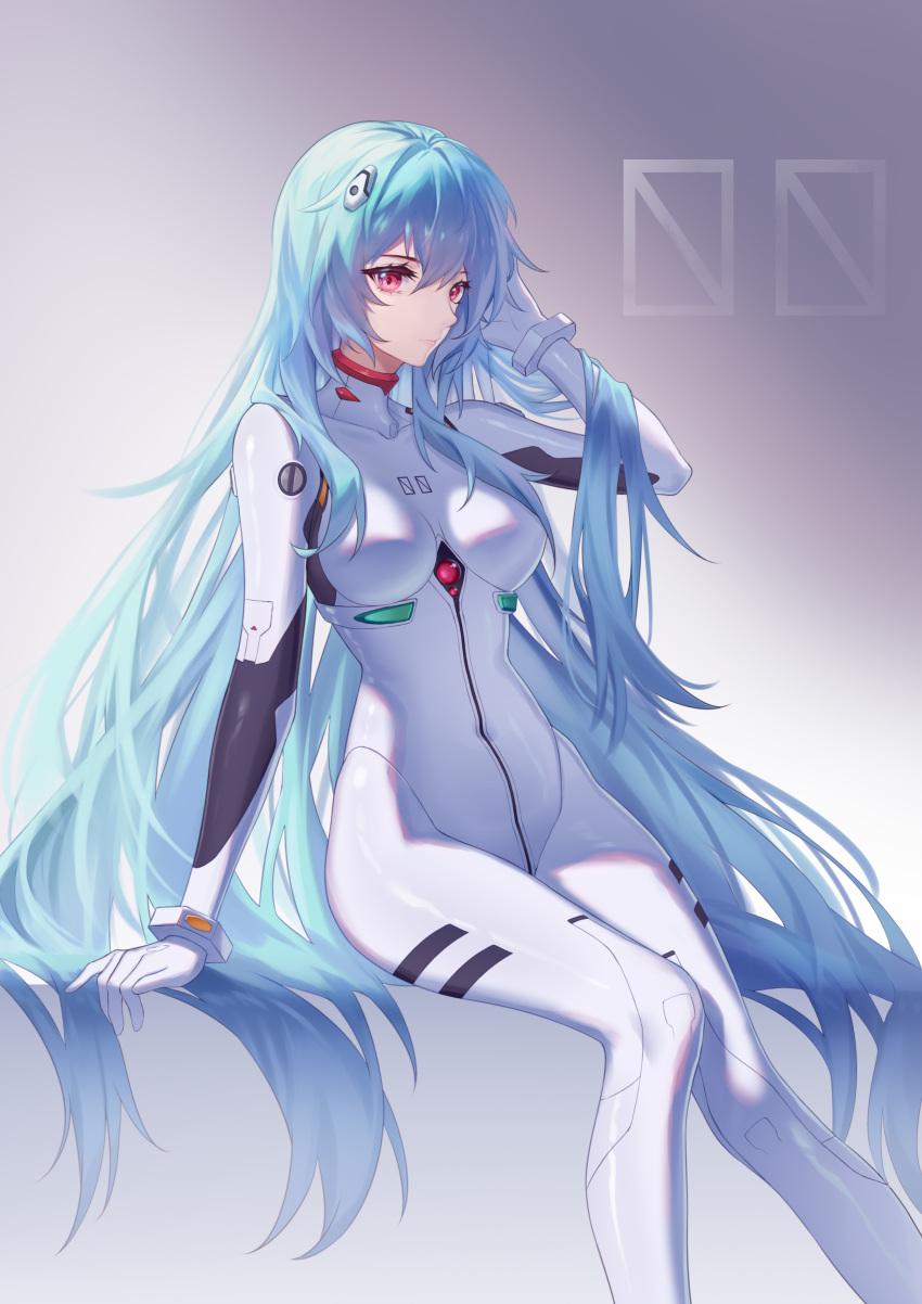 1girl absurdres alternate_hair_length alternate_hairstyle ayanami_rei blue_hair breasts closed_mouth commentary evangelion:_3.0+1.0_thrice_upon_a_time gradient gradient_background grey_background hair_between_eyes highres kirby_d_a long_hair looking_at_viewer medium_breasts neon_genesis_evangelion plugsuit rebuild_of_evangelion red_eyes reverse_cowgirl_position revision sitting solo straddling very_long_hair