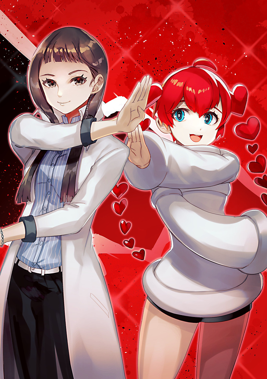 2girls absurdres android bangs blue_eyes dress eyebrows_visible_through_hair hair_between_eyes hair_intakes heart highres ichinose_kuon labcoat long_sleeves multiple_girls open_mouth pants persona_5_scramble:_the_phantom_strikers pose red_hair short_shorts shorts smile sophia_(p5s) twintails wide_sleeves yasaikakiage