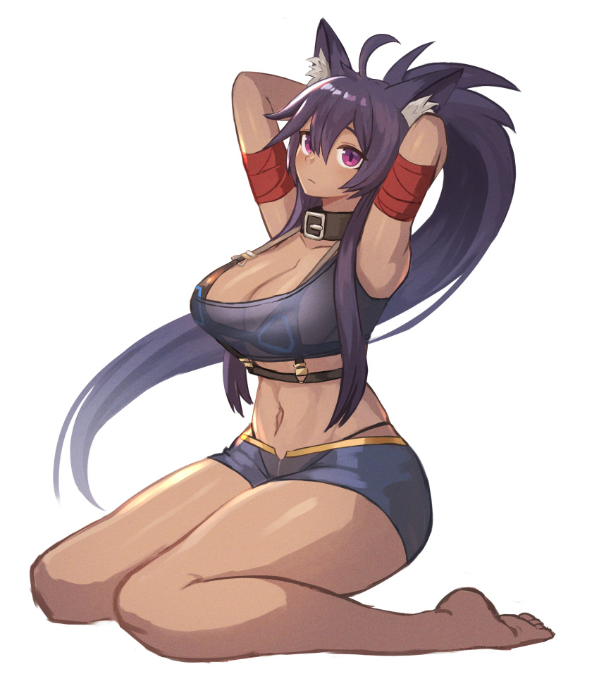 1girl absurdres ahoge animal_ears arms_up bare_legs bare_shoulders bikini bikini_top breasts cat_ears closed_mouth collar commission dark_skin dark_skinned_female full_body highres large_breasts long_hair midriff navel original pink_hair pixiv_request ponytail purple_hair see-through short_shorts shorts simple_background sitting solo sookmo swimsuit thick_thighs thighs very_long_hair wariza white_background
