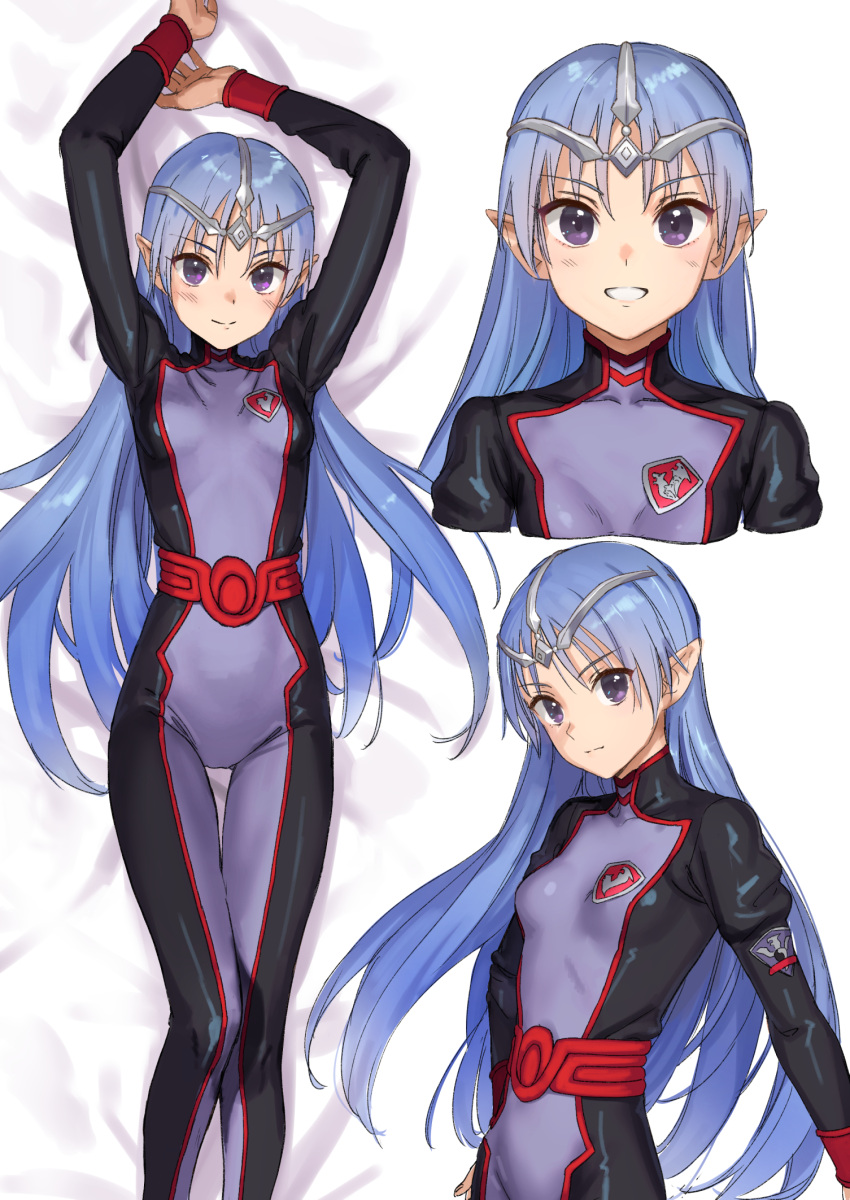 1girl :d blue_hair bodysuit breasts closed_mouth dakimakura_(medium) hands_up highres kawakami_rokkaku lafiel long_hair looking_at_viewer lying on_back open_mouth pointy_ears purple_bodysuit purple_eyes sash seikai_no_senki small_breasts smile solo thigh_gap very_long_hair