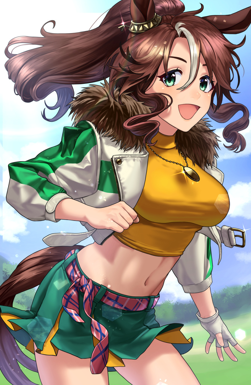 1girl :d absurdres animal_ears bangs blue_eyes blue_sky breasts brown_hair clenched_hand cloud commentary_request cowboy_shot cropped_jacket day ear_ribbon eyebrows_behind_hair fingerless_gloves floating_hair fur-trimmed_jacket fur_trim glint gloves grass groin hair_between_eyes highres horse_ears horse_girl horse_tail jacket jewelry large_breasts looking_at_viewer mejiro_palmer_(umamusume) midriff multicolored_hair navel necklace open_mouth outdoors partial_commentary pleated_skirt ponytail shirt sidelocks single_fingerless_glove skirt sky smile solo standing streaked_hair tail taut_clothes taut_shirt turtleneck umamusume white_gloves white_hair white_jacket yellow_shirt yopio_(sokryopi)