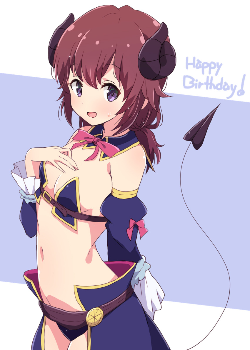 1girl black_horns blue_background bow bowtie breasts character_request commentary_request cosplay demon_girl demon_horns demon_tail detached_collar detached_sleeves eyebrows_visible_through_hair happy_birthday highres horns machikado_mazoku mel_(melty_pot) navel open_mouth purple_eyes red_hair red_neckwear sata_anri simple_background small_breasts smile solo tail two-tone_background white_background yoshida_yuuko_(machikado_mazoku) yoshida_yuuko_(machikado_mazoku)_(cosplay)