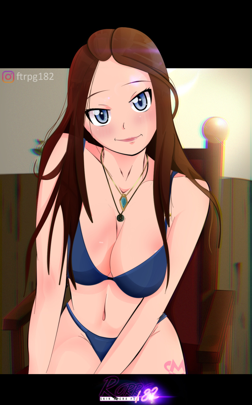 1girl abs arm_on_knee artist_name blue_bra blue_eyes blue_panties border bra breasts brown_hair ciel_underhill_(rorro182) colored_skin highres instagram_username jewelry large_breasts lips long_hair looking_at_viewer necklace original panties pose rorro182 self_upload shirt shorts smile solo tight tight_shirt underwear white_skin