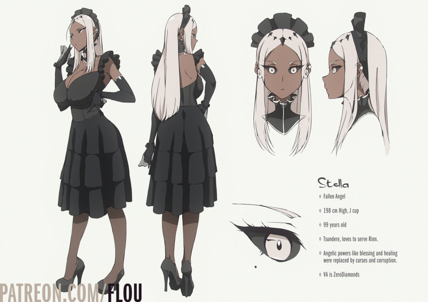 1girl angel arm_up black_dress black_sclera breasts cleavage colored_sclera dark_skin dark_skinned_female detached_collar dress ear_ornament elbow_gloves flou frilled_dress frills from_behind gloves hand_on_hip high_heels highres large_breasts looking_back maid maid_headdress mole mole_under_eye multiple_views original pantyhose pleated_dress reference_sheet sleeveless stella_(flou) white_eyes