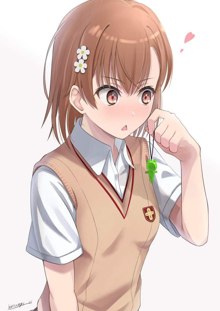 1girl biribiri brown_eyes brown_hair dress_shirt gekota highres katsuragi_(katsuragi_01) misaka_mikoto open_mouth school_uniform shirt short_hair short_sleeves signature simple_background solo sweater_vest toaru_kagaku_no_railgun toaru_majutsu_no_index tokiwadai_school_uniform triangle_mouth upper_body white_background white_shirt