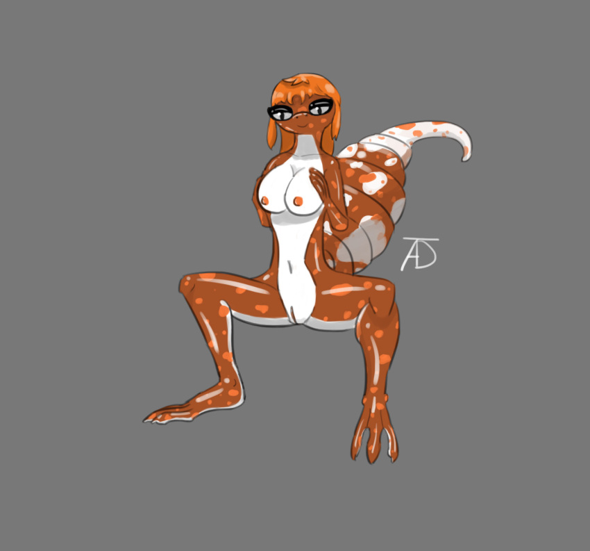 alicethedeer anthro breasts eyelashes feet female fully_shaded gecko genitals glistening glistening_body hand_on_breast hi_res highlights_(coloring) lizard non-mammal_breasts orange_body orange_skin orange_tail pinup pose pussy reptile scalie smile smirk solo thick_eyelashes thick_tail thick_thighs white_body white_tail_tip