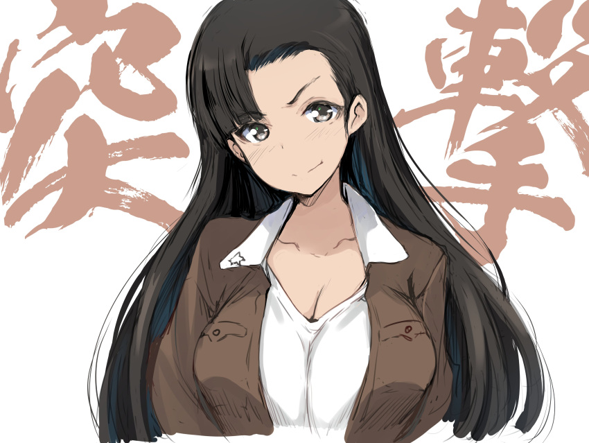 1girl absurdres black_hair blush breasts brown_eyes brown_jacket chi-hatan_military_uniform cleavage collared_shirt cropped_torso gengoroh girls_und_panzer highres jacket large_breasts nishi_kinuyo shirt smile solo translation_request upper_body v-shaped_eyebrows white_background white_shirt