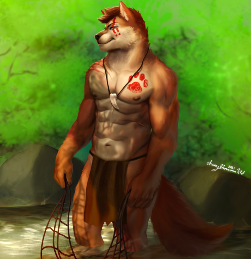 2021 5_fingers abs anthro athletic athletic_anthro athletic_male bottomwear brown_body brown_fur brown_hair canid canine canis cherry_blossom_kid chest_markings clothed clothing digital_media_(artwork) eye_markings facial_markings fingers fishing fishing_net footprint fur hair head_markings hi_res holding_net humanoid_hands jewelry loincloth looking_at_viewer male mammal markings muscular muscular_anthro muscular_male naughty_face navel necklace nipples outside partially_submerged pawprint pecs red_markings red_wolf short_hair signature smile solo standing tooth_necklace topless topless_male tribal tribal_clothing tribal_markings water wolf