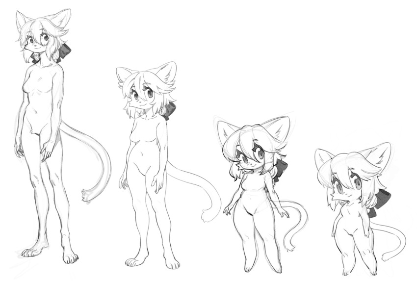 accessory anthro anthro_scale aruurara big_eyes breasts canid canine chibi digitigrade featureless_breasts featureless_crotch female fox greyscale hair hair_accessory hair_bow hair_ribbon hi_res mammal monochrome navel nude ribbons semi-anthro sketch smile solo standing thick_thighs wide_hips