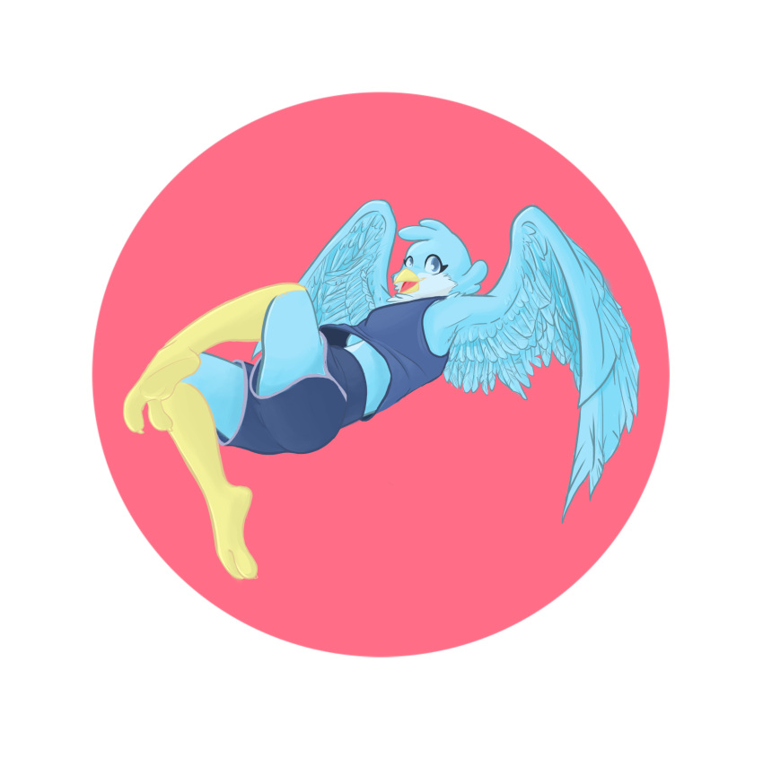 2_toes anthro avian bea bird blue_bird blue_body blue_clothing blue_eyes blue_feathers bottomwear clothing feathers feet female flying hi_res shirt shorts solo tank_top toes topwear white_body white_feathers winged_arms wings