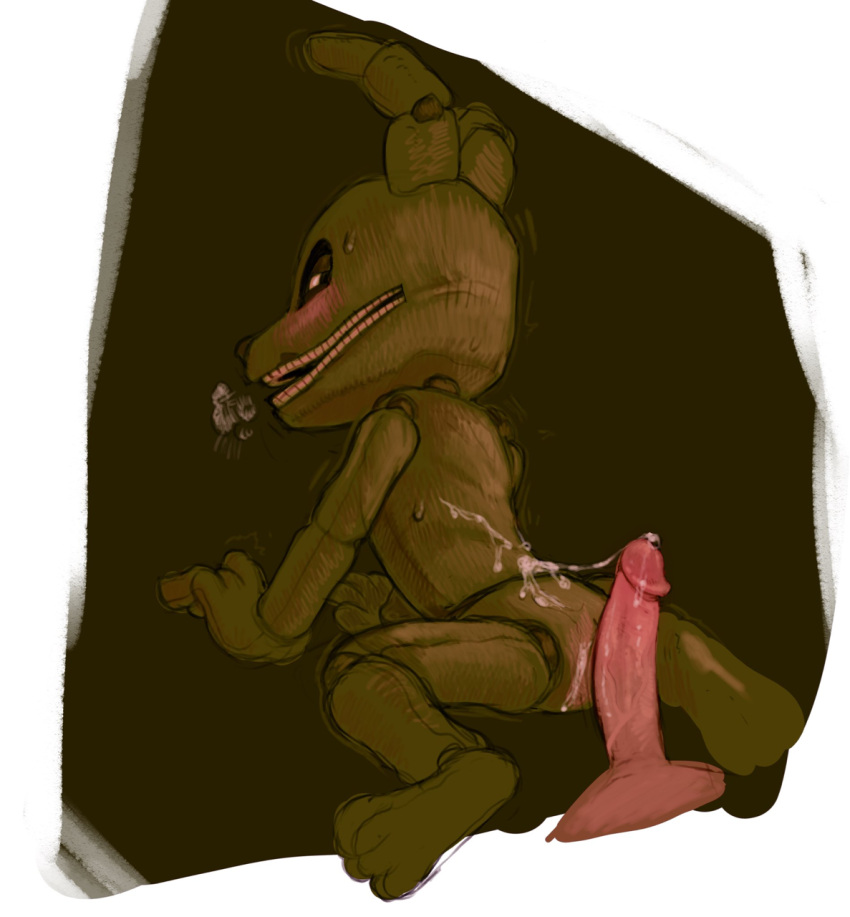 2020 ambiguous_focus ambiguous_gender animatronic anthro anthro_focus babywife barefoot blush bodily_fluids breath brown_background butt cum cum_on_back cum_on_penis cum_string disembodied_penis duo erection feet five_nights_at_freddy's five_nights_at_freddy's_4 genital_fluids genitals grinding hi_res human humanoid_genitalia humanoid_penis interspecies lagomorph leporid long_ears long_penis looking_back looking_down machine male male/ambiguous mammal narrowed_eyes nude orgasm penis plushtrap_(fnaf) presenting presenting_hindquarters rabbit robot simple_background sitting smile solo_focus spread_legs spreading squint sweat teeth vein veiny_penis video_games yellow_body yellow_eyes yellow_nose