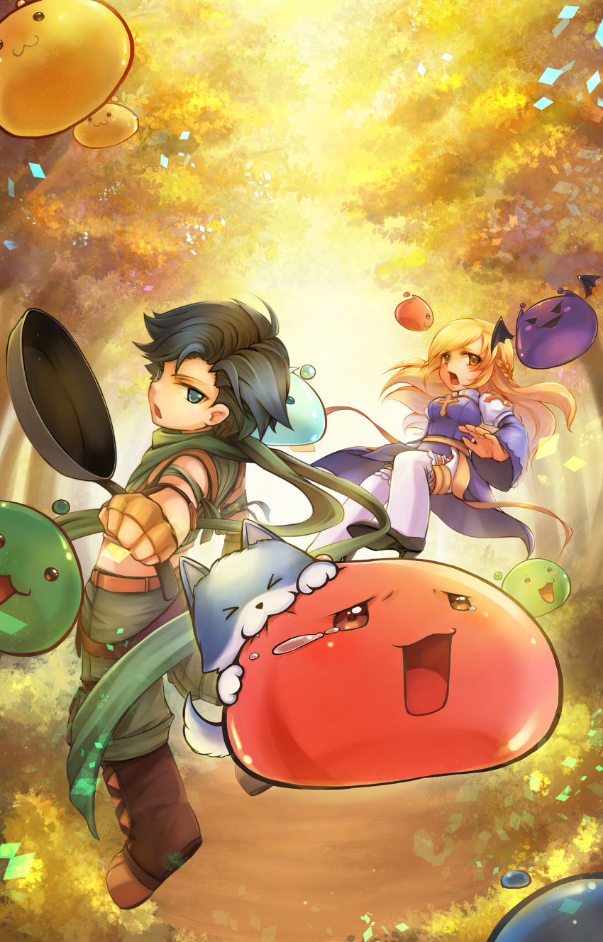1boy 1girl :3 absurdres archbishop_(ragnarok_online) autumn bangs belt biting black_footwear black_hair blonde_hair blue_dress blush braid breasts brown_belt brown_eyes brown_gloves cat closed_mouth commentary_request crop_top day demon_wings deviling dress drops_(ragnarok_online) fingerless_gloves forest french_braid frilled_sleeves frills frying_pan full_body gloves green_eyes green_scarf green_shirt green_shorts highres holding holding_frying_pan juliet_sleeves long_hair long_sleeves looking_at_viewer marin_(ragnarok_online) medium_breasts nature official_art open_mouth outdoors pants_under_shorts poporing poring puffy_sleeves ragnarok_online ranger_(ragnarok_online) sash scarf shine_cheese shirt short_hair shorts sleeveless sleeveless_shirt slime_(creature) thighhighs tree white_legwear wings yellow_sash
