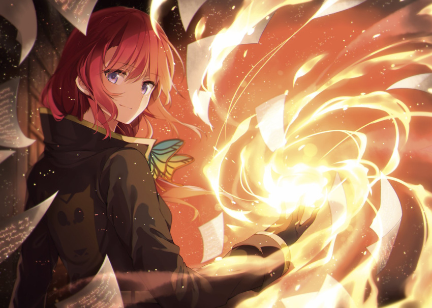 1girl bangs black_coat black_gloves blurry butterfly_hair_ornament closed_mouth coat depth_of_field eve_ignite eyebrows_visible_through_hair fire flying_paper gloves hair_ornament highres long_hair long_sleeves looking_at_viewer looking_to_the_side magic mishima_kurone novel_illustration official_art paper purple_eyes red_hair rokudenashi_majutsu_koushi_to_akashic_record sidelocks solo textless upper_body