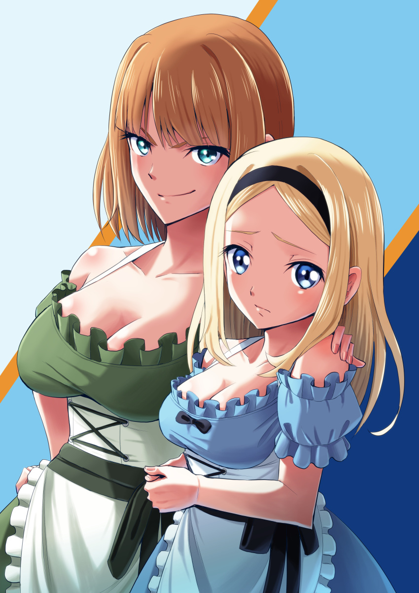 2girls absurdres aleksandra_i._pokryshkin bare_shoulders blonde_hair blue_eyes blush brave_witches breasts brown_hair closed_mouth collarbone dirndl german_clothes gundula_rall hair_ornament hairband hand_on_another's_shoulder hase_popopo highres large_breasts looking_at_viewer medium_breasts multiple_girls shiny shiny_hair shiny_skin short_hair simple_background smile world_witches_series